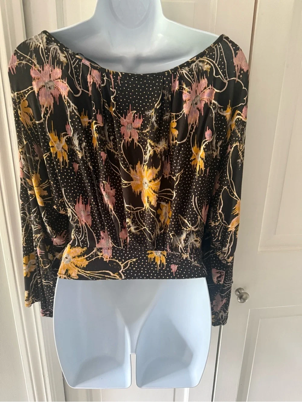 Free People Black Floral Keyhole Bell Sleeve Top with Pink & Yellow Accents